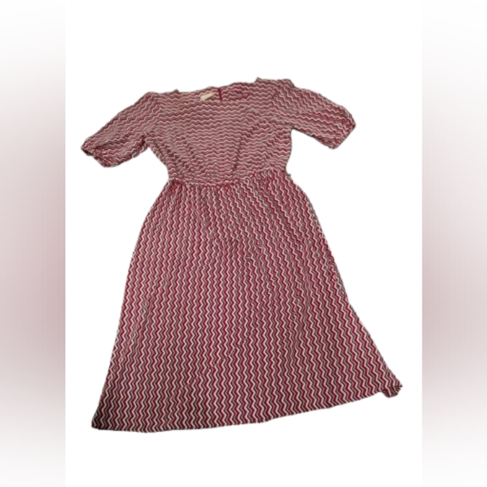 Vintage 1970s Does 1930s 1940s Puff Sleeve Midi Dress Chevron
